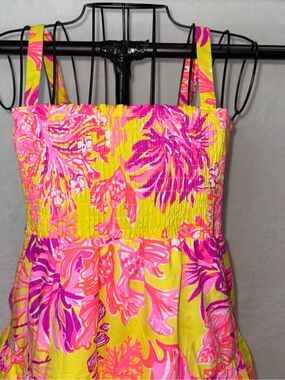 Lilly Pulitzer Calla Yellow & Violet Pink Smocked Sundress Girls XL 14/16
